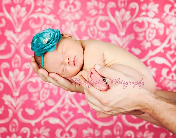 Baby Turquoise Headband..Newborn Baby Girl Turquoise Flower Headband with Rhinestones..Infant Girl Turquoise Flower Headband