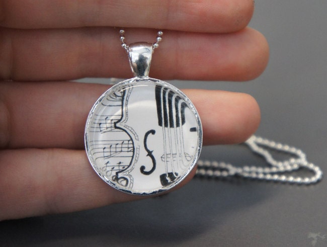 Violin Song 1 inch round glass art pendant silver necklace on ball chain