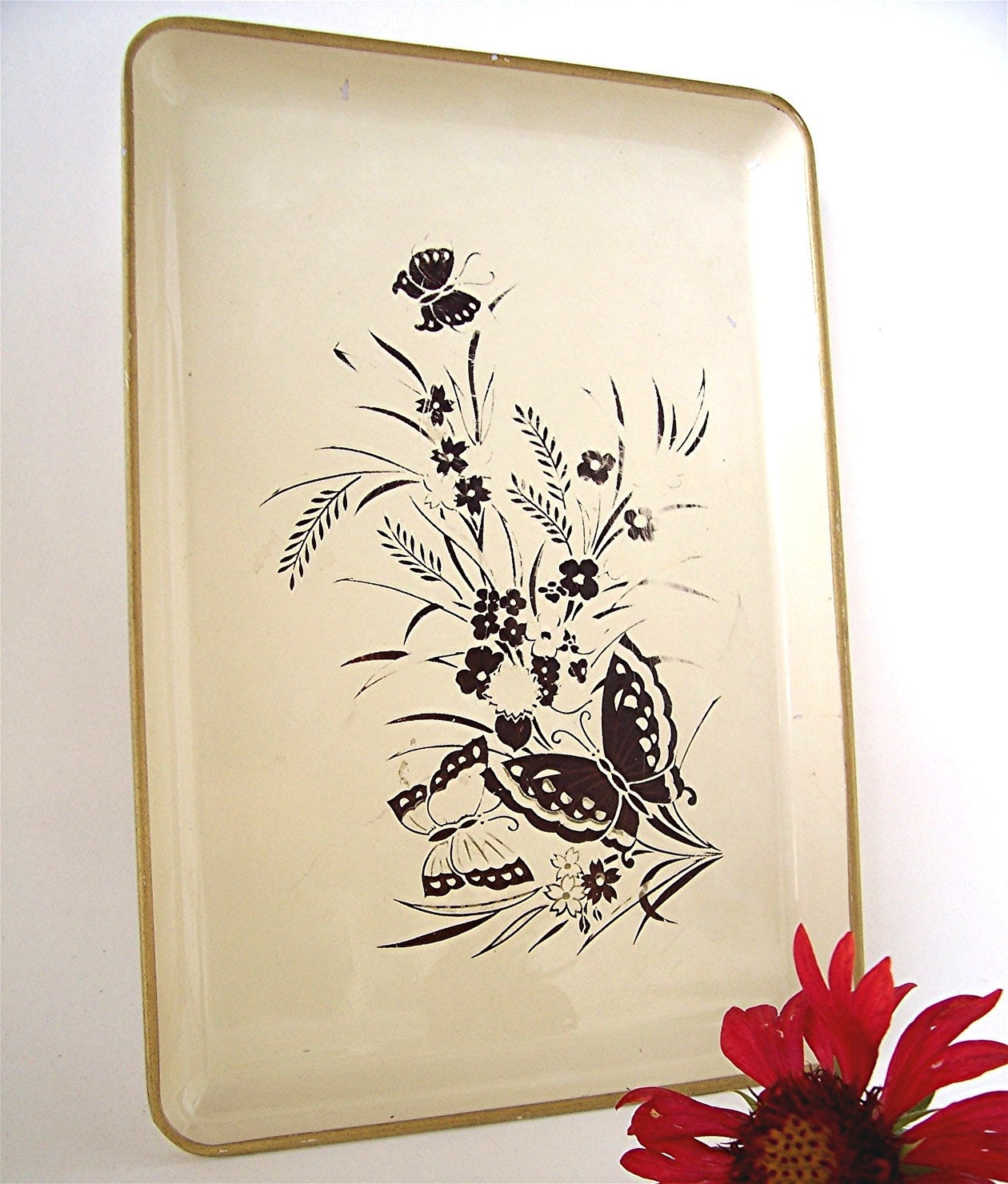 Vintage Serving Tray, Retro Butterfly Decor