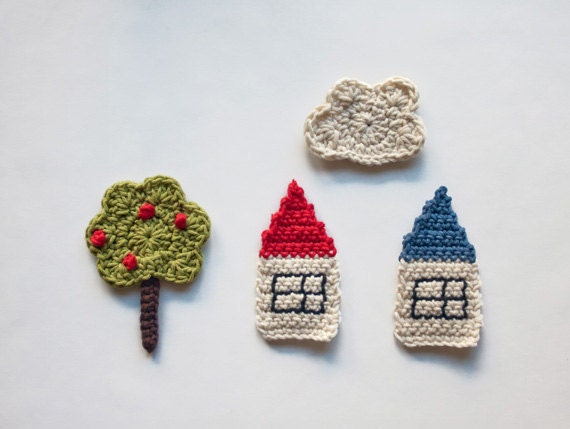 Instant Download - PDF Crochet Pattern - The Tree, the Houses and the Cloud Applique - Text instructions and SYMBOL CHART instructions