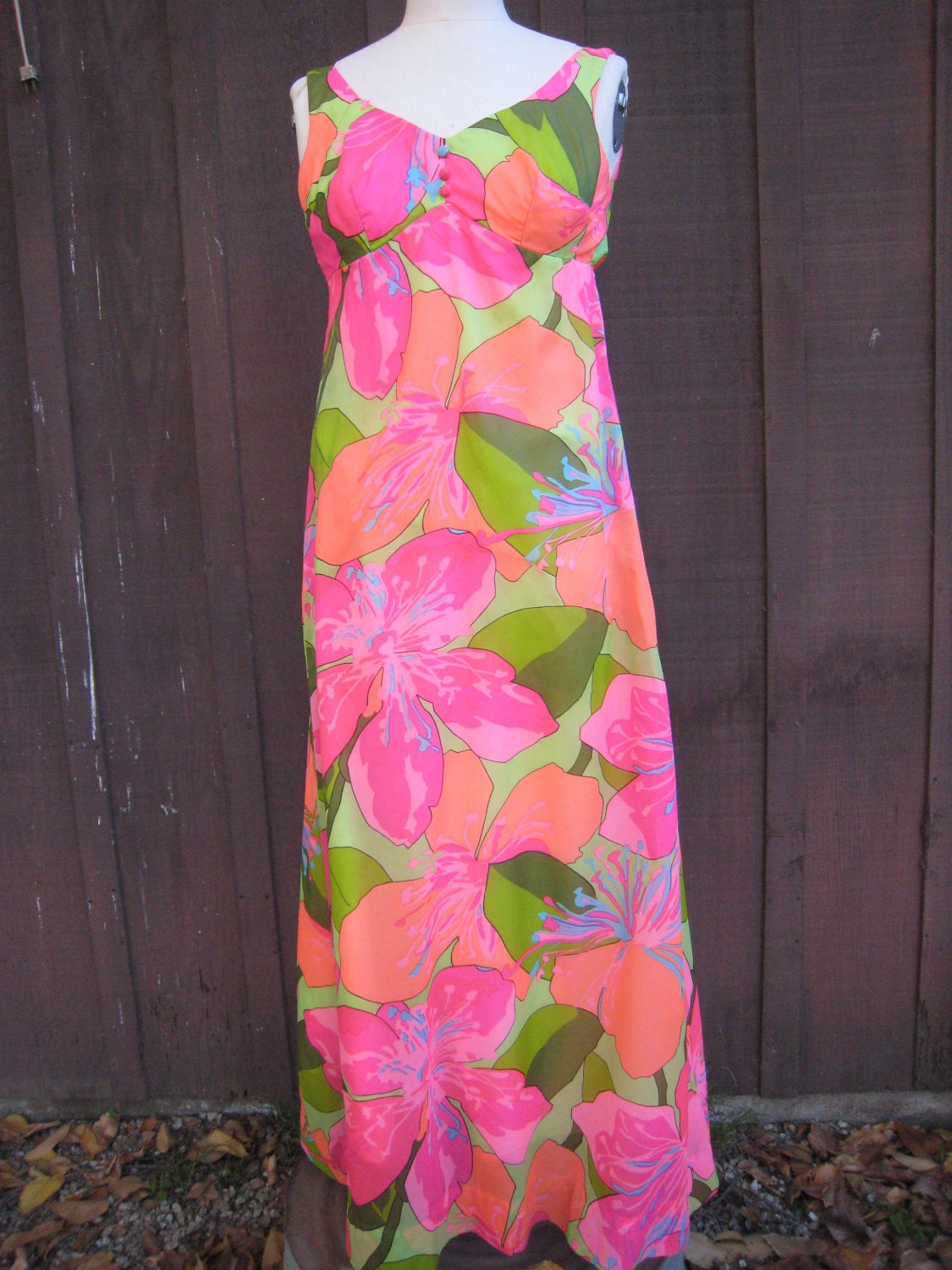 Gorgeous 1960s Malia of Honolulu Hawaiian Vibrant Exotic Flower Print Maxi Dress Sherbet Colors by Malia Honolulu