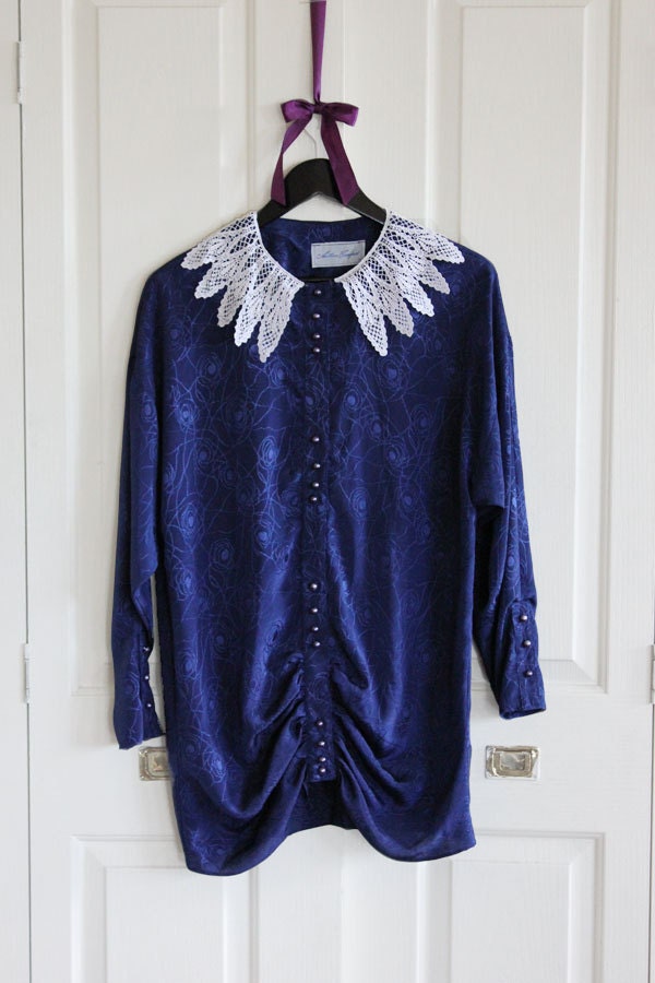 Unique Navy Blouse with Lace Collar: M