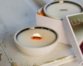 SALE Soy Candles for Good Karma. ZEN GARDEN: Patchouli, sweet orange, lemongrass. Natural wooden wick. Modern porcelain. For a limited time. - Luminology