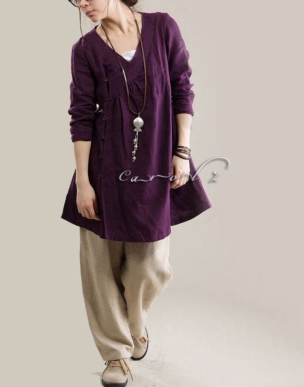 Plus Size Blouse Purple Shirt Dress V Neck
