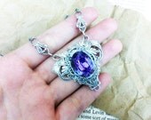 Lila (Silver/Purple) Aged silver plated brass filigree pendant Fantasy jewelry Vintage victorian steampunk gothic