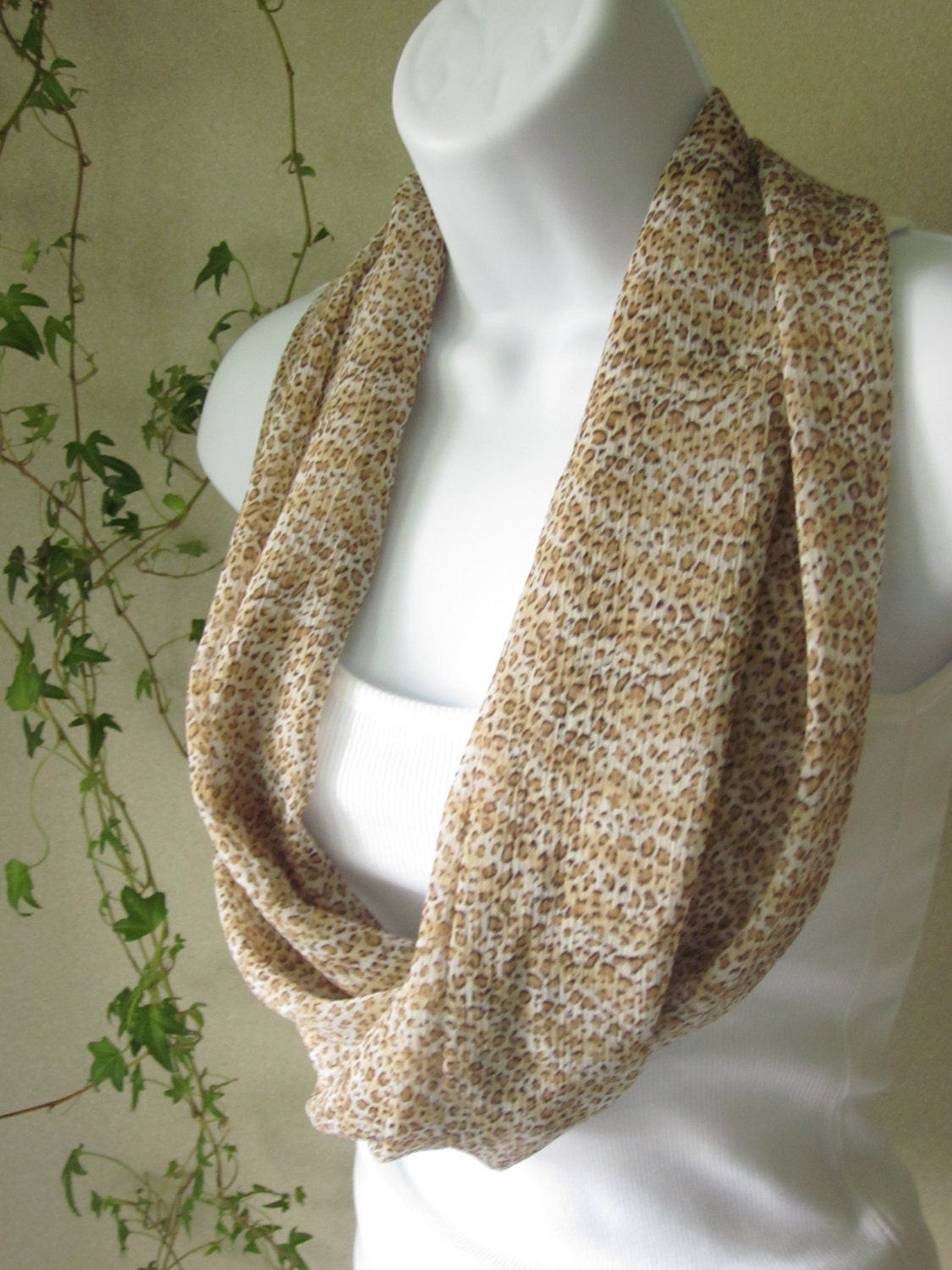 Leopard Print Infinity Scarf in Golden Tan, Brown, Ivory Single Loop Scarf Handmade Fashion by THimbledoodle