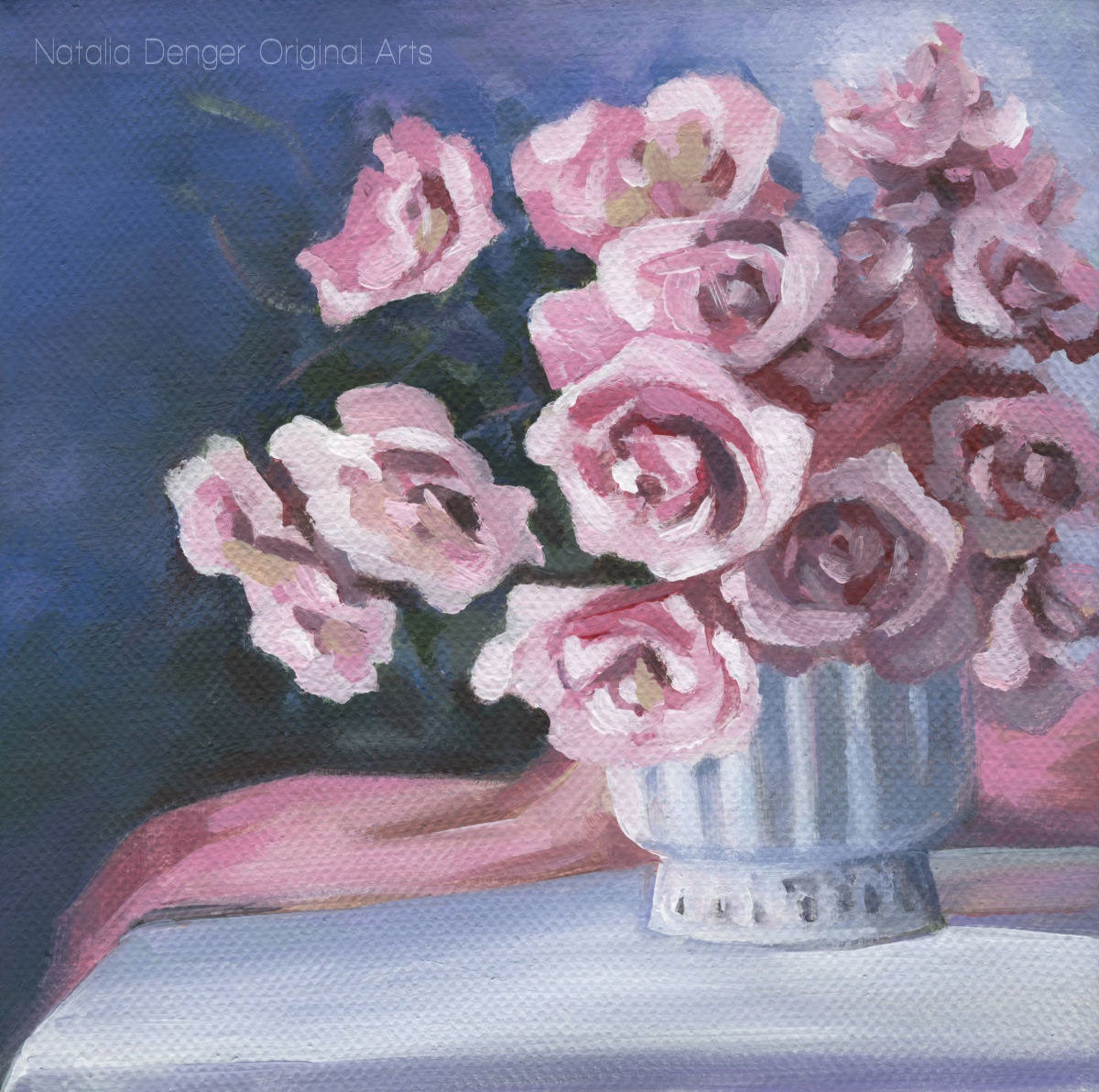 Original Painting, Floral Art, Still Life, White Ceramic Vase, Pink Roses, Soft Pink, Blue, Original Painting, Chabby Chic, Wall Art