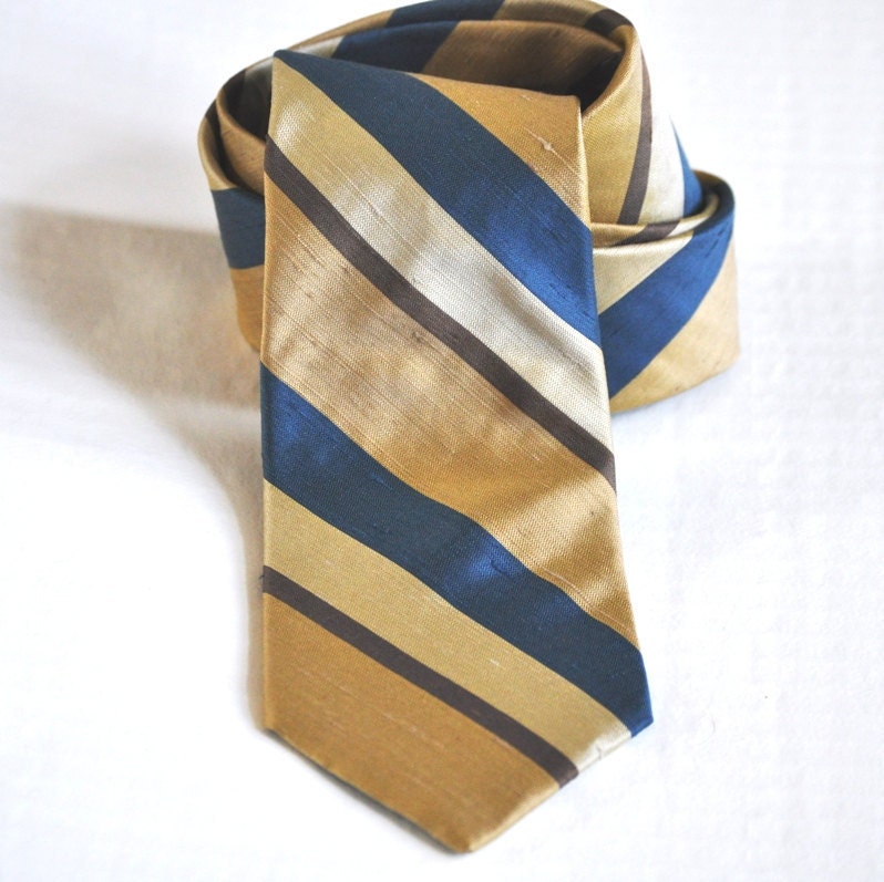 Vintage Designer Mens Tie Lilly Dache' Shantung Silk Necktie in Gold, Champagne,Turquoise & Chocolate Stripes