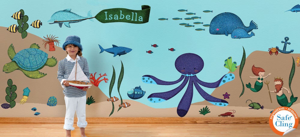 Wall Stickers, Ocean Theme Decals for Kids Room Under the Sea Wall Mural - Personalized  - FREE SHIPPING (USA)