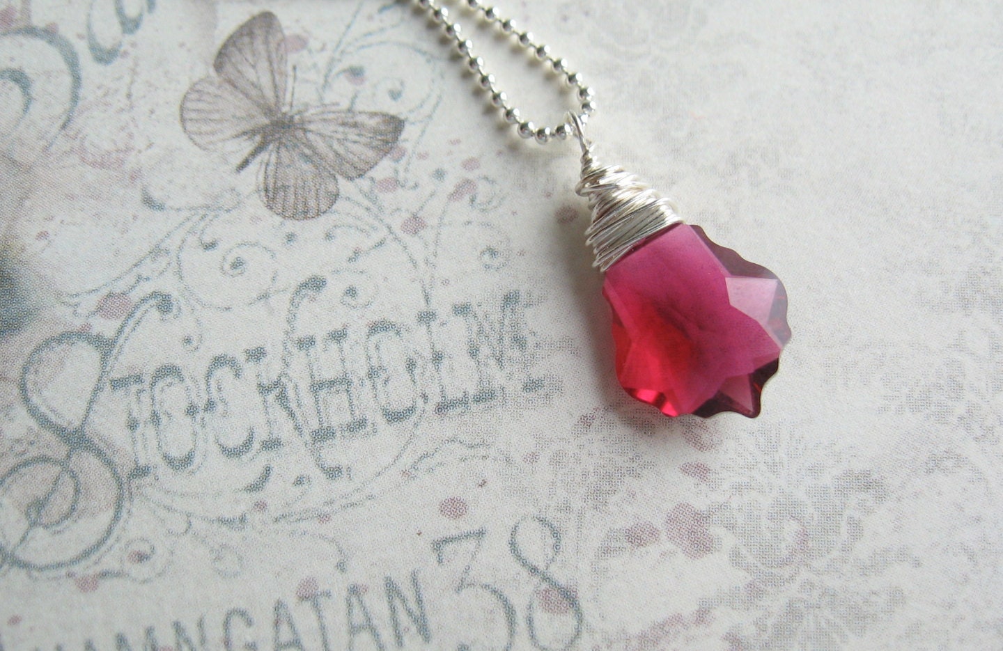 Ruby Red Swarovski Wire Wrapped Necklace, Swedish Jewelry, Scandinavian Design