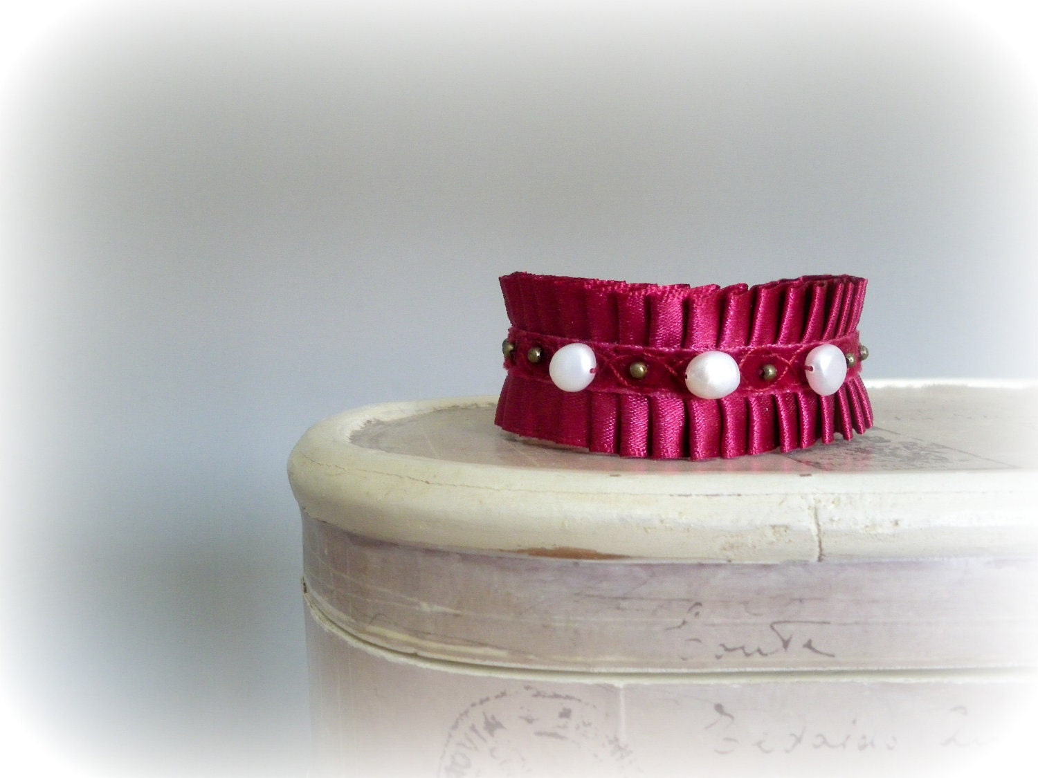 Linneo - Romantic Burgundy Bracelet oxblood Plum red Satin and velvet ribbon cuff freshwater pearls Gift for her valentine idea