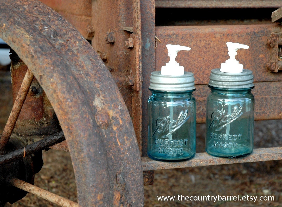 Antique Blue Mason Jar Soap or Lotion Dispensers with Authentic Zinc Lids - Set of 2