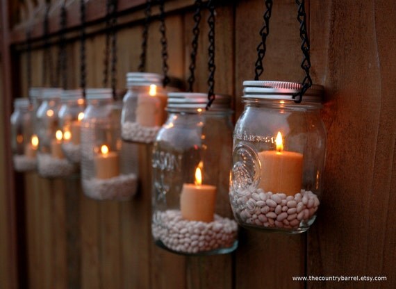 Mason Jar Lanterns Hanging Tea Light Luminaries - Set of 8