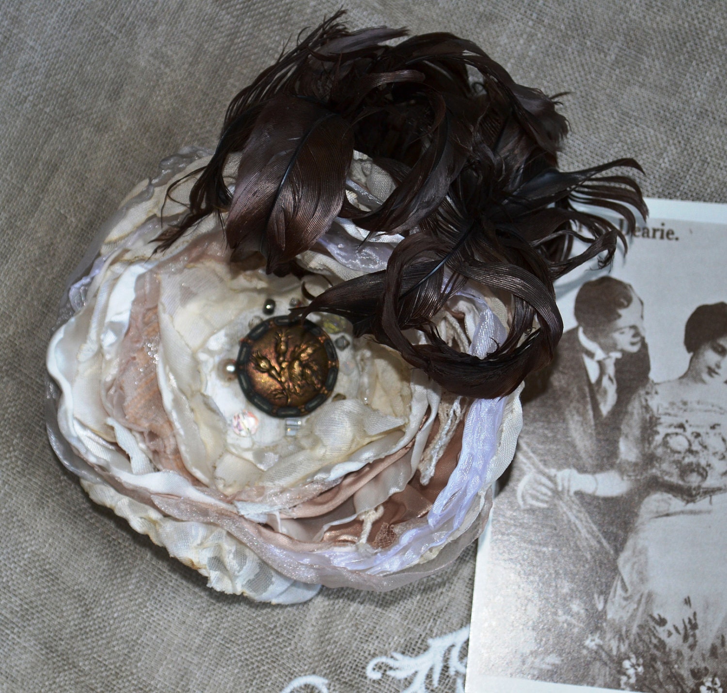 Victorian Steampunk Fabric Flower Hair Piece Wedding Vintage Wedding Lace, Feathers, Pearls, Crystals, Beads Ready to Ship