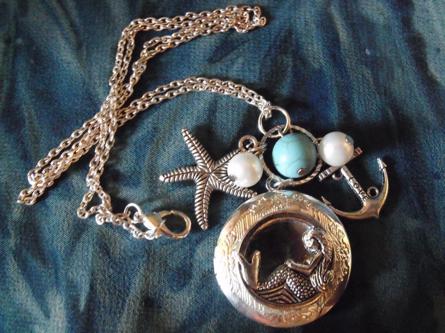 Mermaid Locket Necklace Silver Plated with Pearls and Turquoise