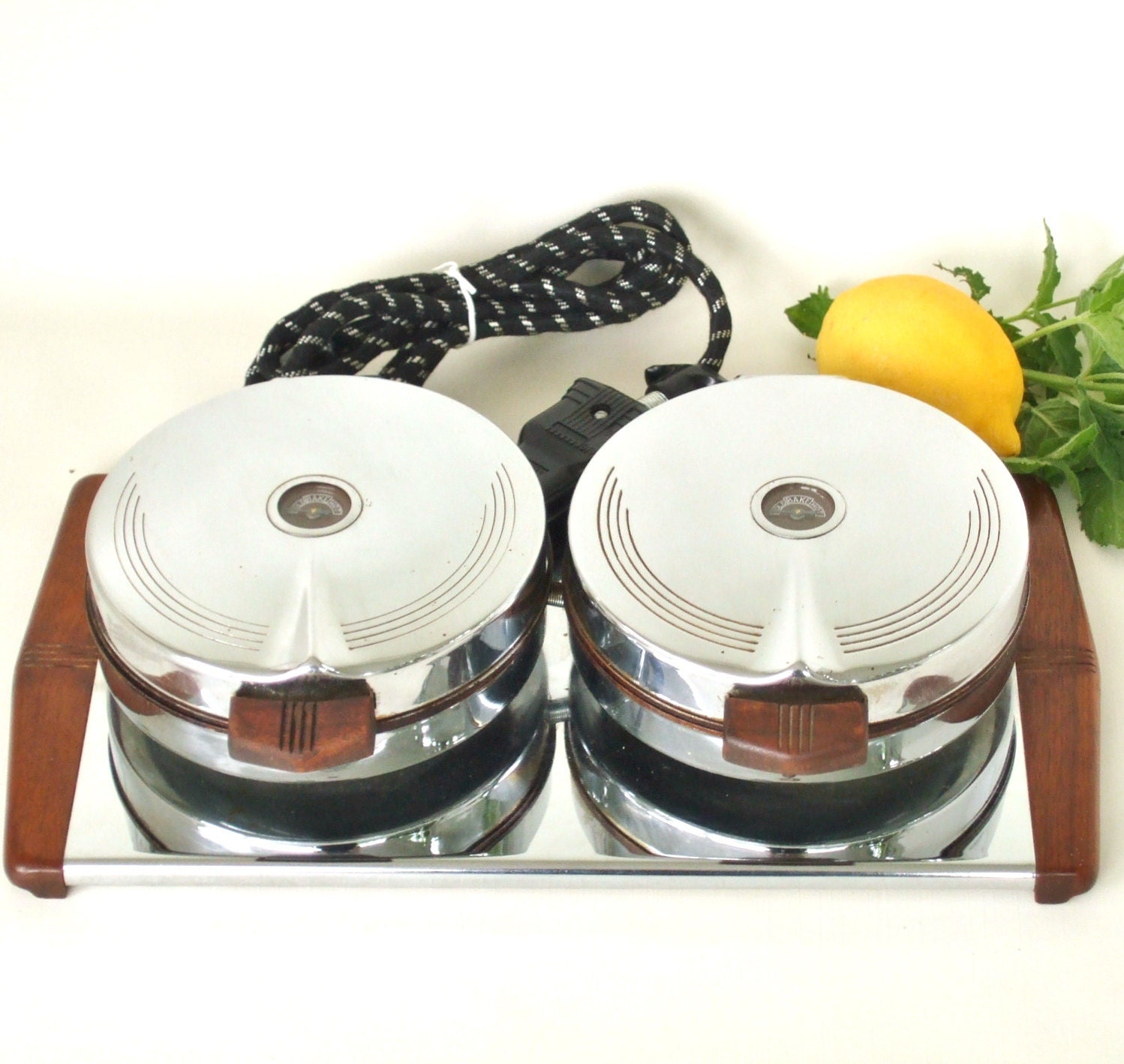 Vintage Waffle Iron Maker - Round Chrome Twin