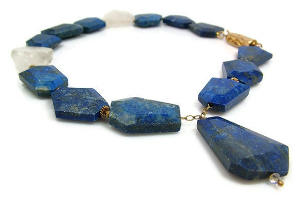 Statement Blue Necklace Chunky Lapis Gold Vermeil Crystal Quartz Hammered Nuggets