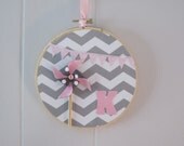 Grey and Pink Chevron and Bunting Embroidery Hoop Art Mixed Media Custom with Girls Initial and Pinwheel