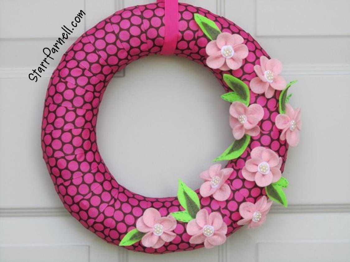 Spring Wreath Felt Cherry Blossoms and Pink Brown Polkadot Ribbon Wreath 12"