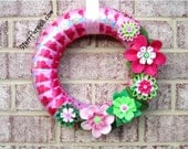 READY TO SHIP Pinks and Greens Sorority Wreath Spring Wreath Satin Ribbon and Felt Flower Wreath 12"