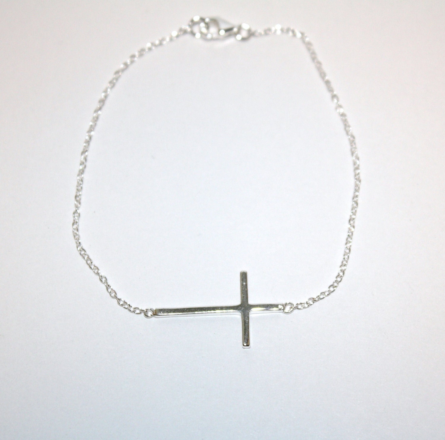 Sideways Cross Bracelet - Sterling Silver - Skinny Cross - Celebrity Inspired