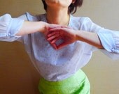 70s pastel powder blue floral embroidered jour sheer blouse L.