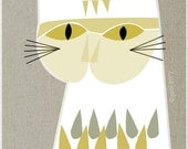 white cat - LARGE mid century design art print