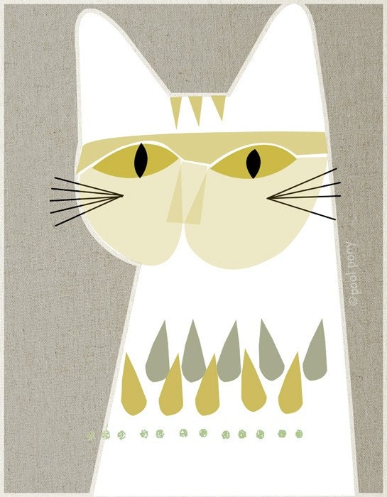 white cat - LARGE mid century design art print
