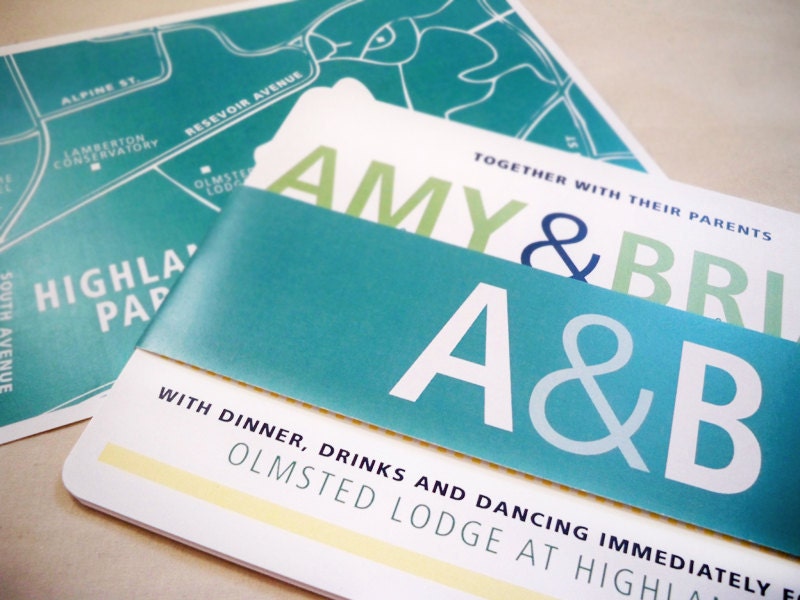 Wedding Invitations - Modern Set in Blue and Green with Matching RSVP