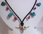 Silver Bull Head with Turquoise and Coral Men's Necklace