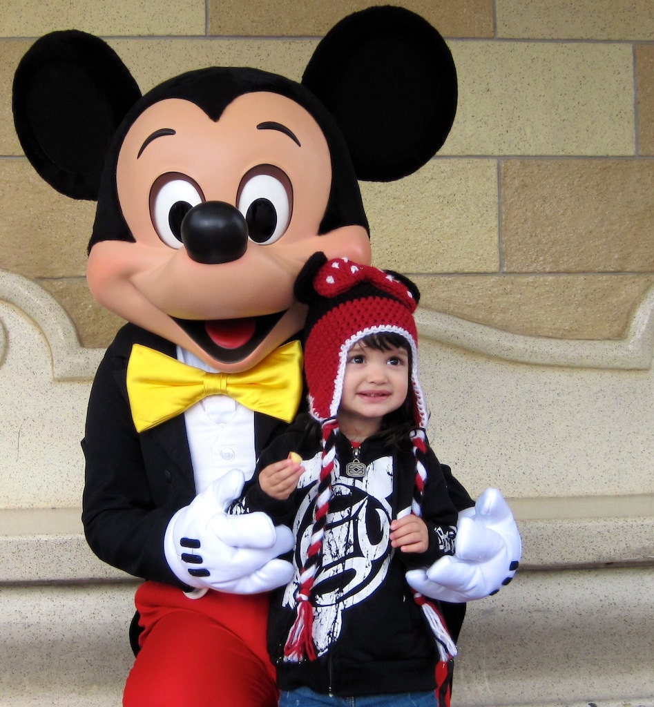 Minnie Mouse Crochet Hat Pattern PDF - fun to make for Disneyland Disneyworld trip - beanie, earflap, braids, ties