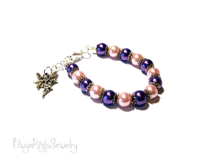 Kids Bracelet, Fairy, Purple, Pink, Pearls, Little Girl Jewelry
