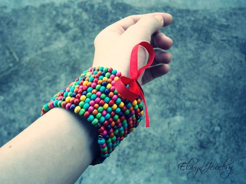 Colorful Bracelet - Wooden, Multi Color Beaded, Memory Wire Bracelet