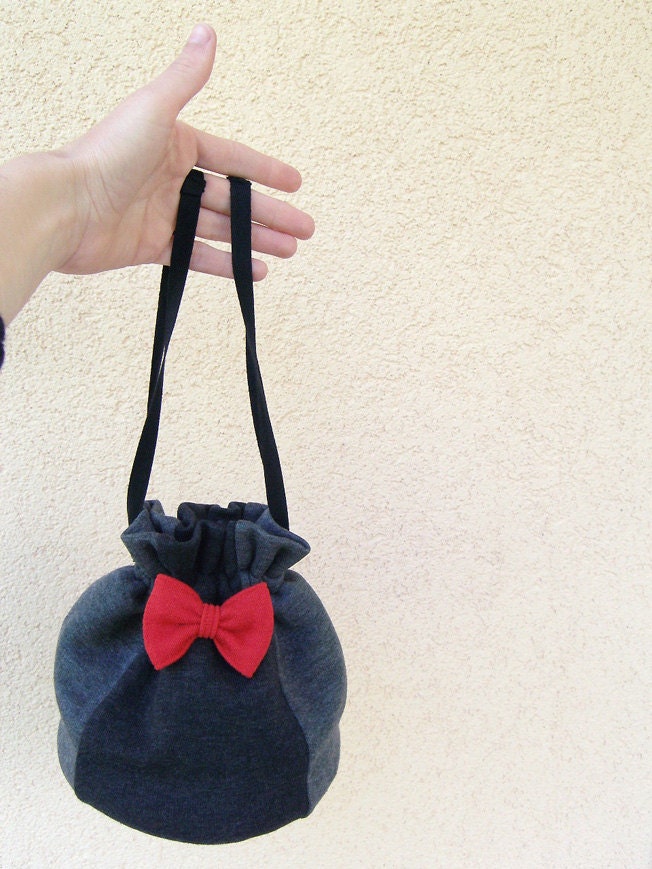 Small black gray purse with red bow - Recycled Valentine's day purse