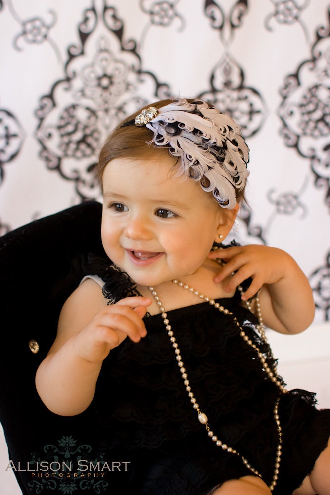 baby headband girls feather white with black edges bling rhinestone on ruffled elastic all sizes