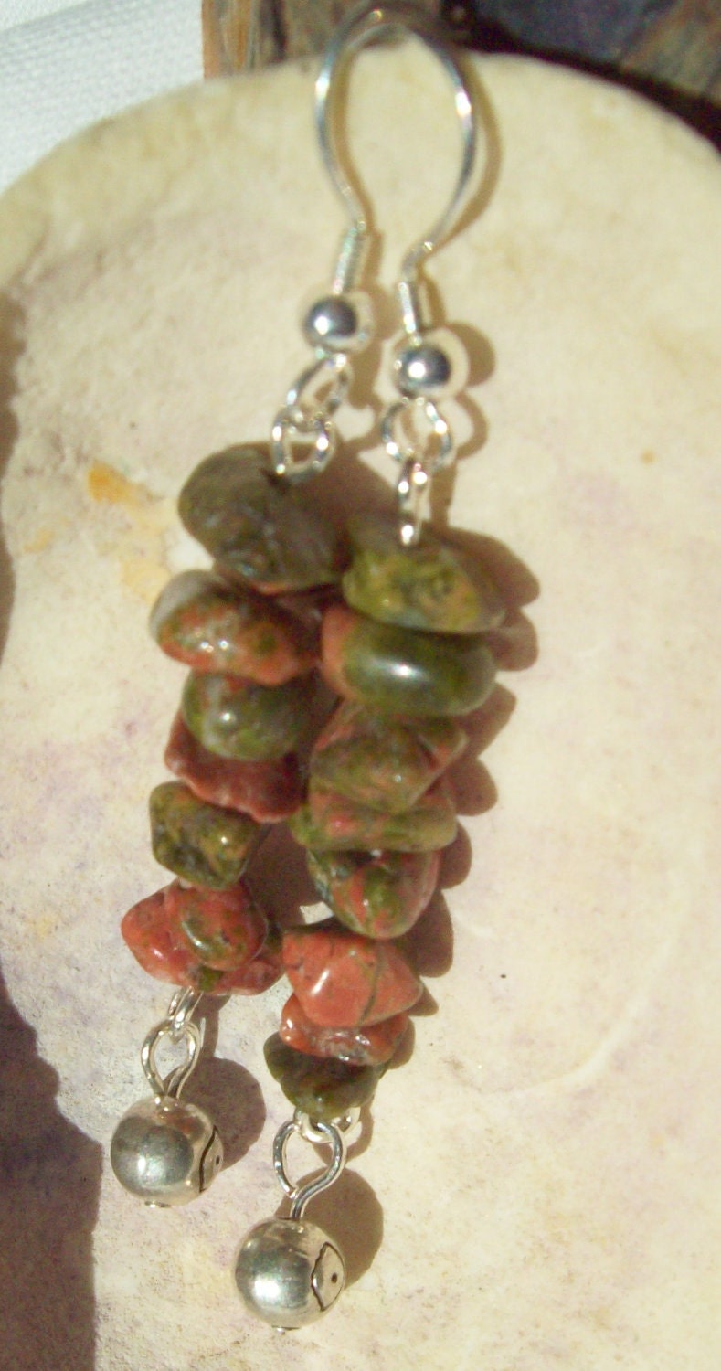 Unakite Chip  Earrings With Silver Dangles  ID 179