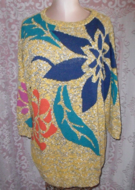 Vintage Sweater Tunic Floral Pullover Yellow 1980's Slouchy
