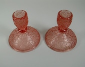 Vintage Pair Pink Rose Marie Candle Holders Imperial Glass Tree of Life Pattern 675 Candlestick