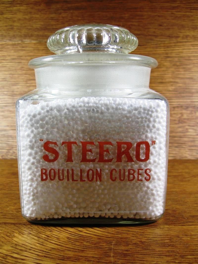 Antique 1930s Steero Bouillon Cube Glass Store Counter Display Jar and Ground Glass Lid