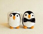 Penguin Bride & Groom Cake Toppers - Needle Felted Wooly Animal Set - Wedding Decoration Party Decor Gift Cute Felt All Natural Wool
