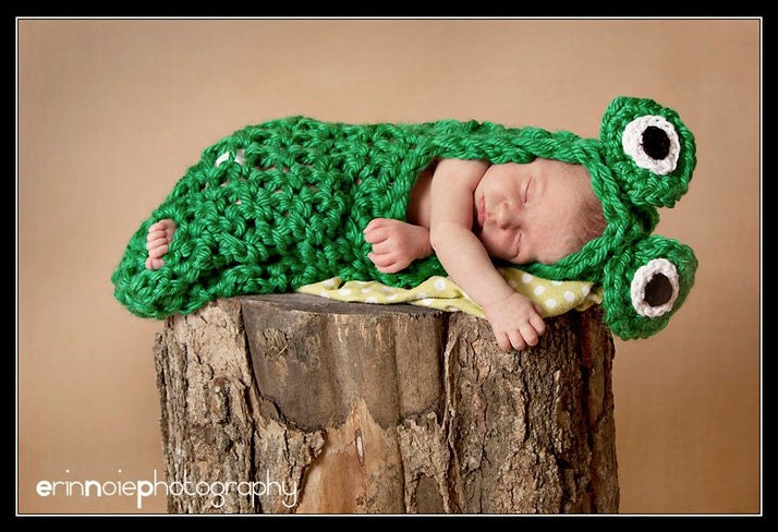 Baby Crochet Frog Cocoon WITHOUT BOW Photography Prop Halloween Costume - Treasured Little Creations