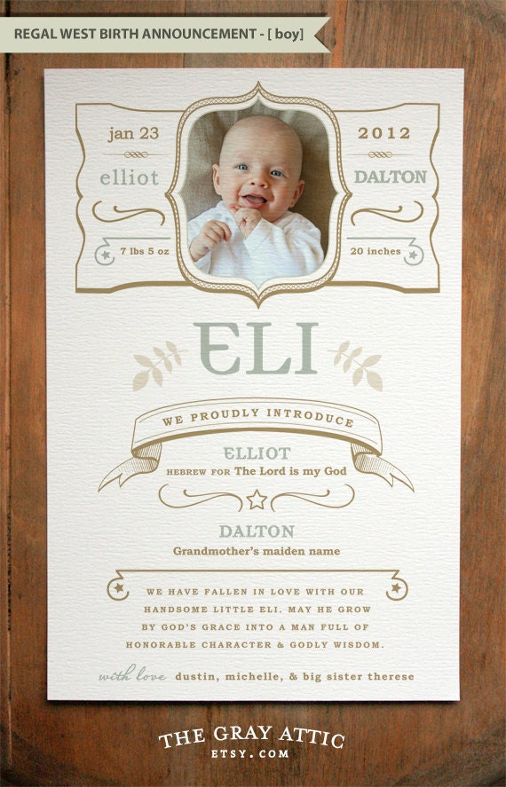 Birth Announcement - A9 size (Baby Boy - "Regal West") - Set of 25 - Modern, Western