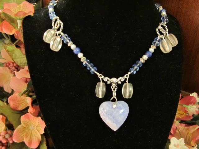 Striking Blue Puff Heart Pendant Necklace in Sodalite with Pearls and Crystals