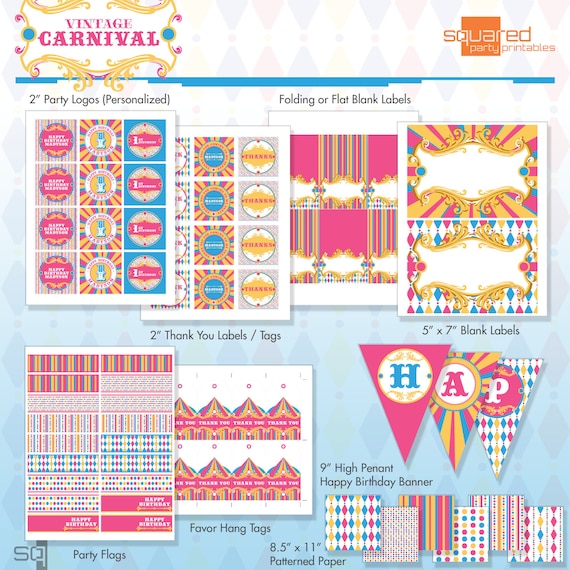 Vintage Carnival Pink Circus Printable Birthday Party Package - DIY Print Il_570xn