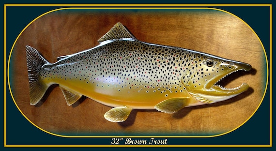 Brown Trout fish wood carving wall mount 33 inch