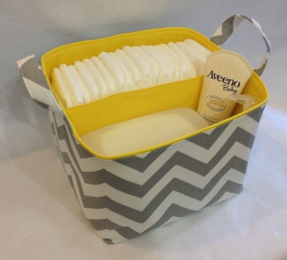 LG Diaper Caddy 10"x10"x7" Fabric Bin, Fabric Storage bin, Fabric Organizer Chevron Zig Zag Grey/White Yellow Lining
