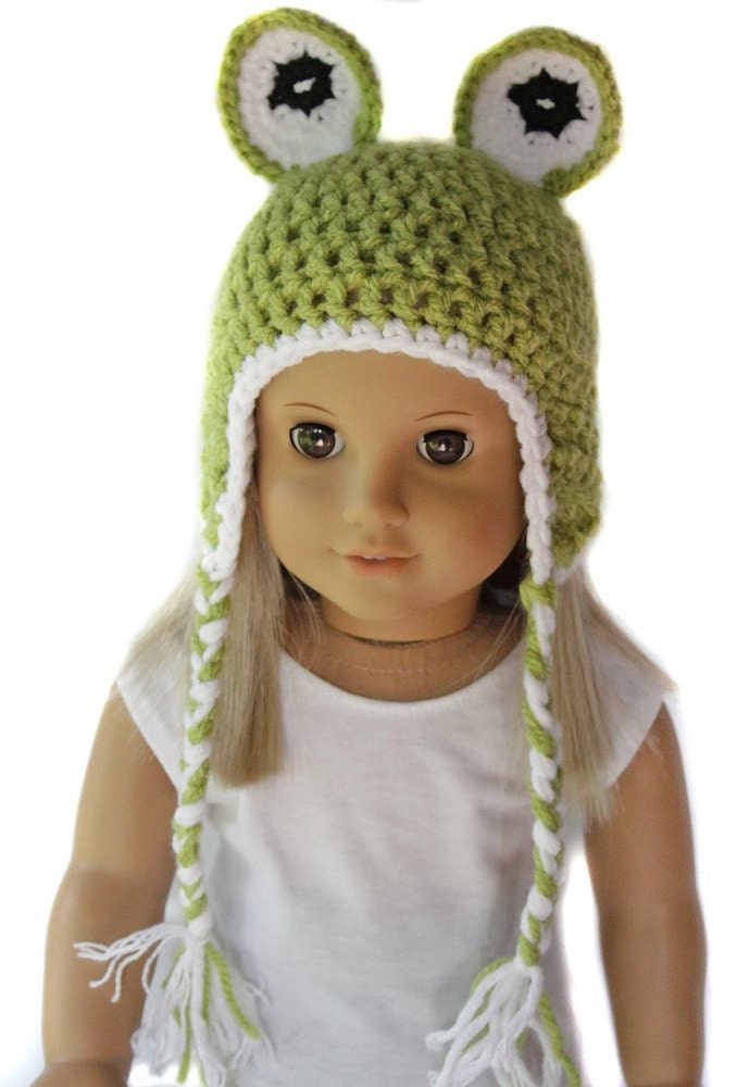 18" Doll Clothes - Animal Earflap Hat - Green Frog Beanie for American Girl