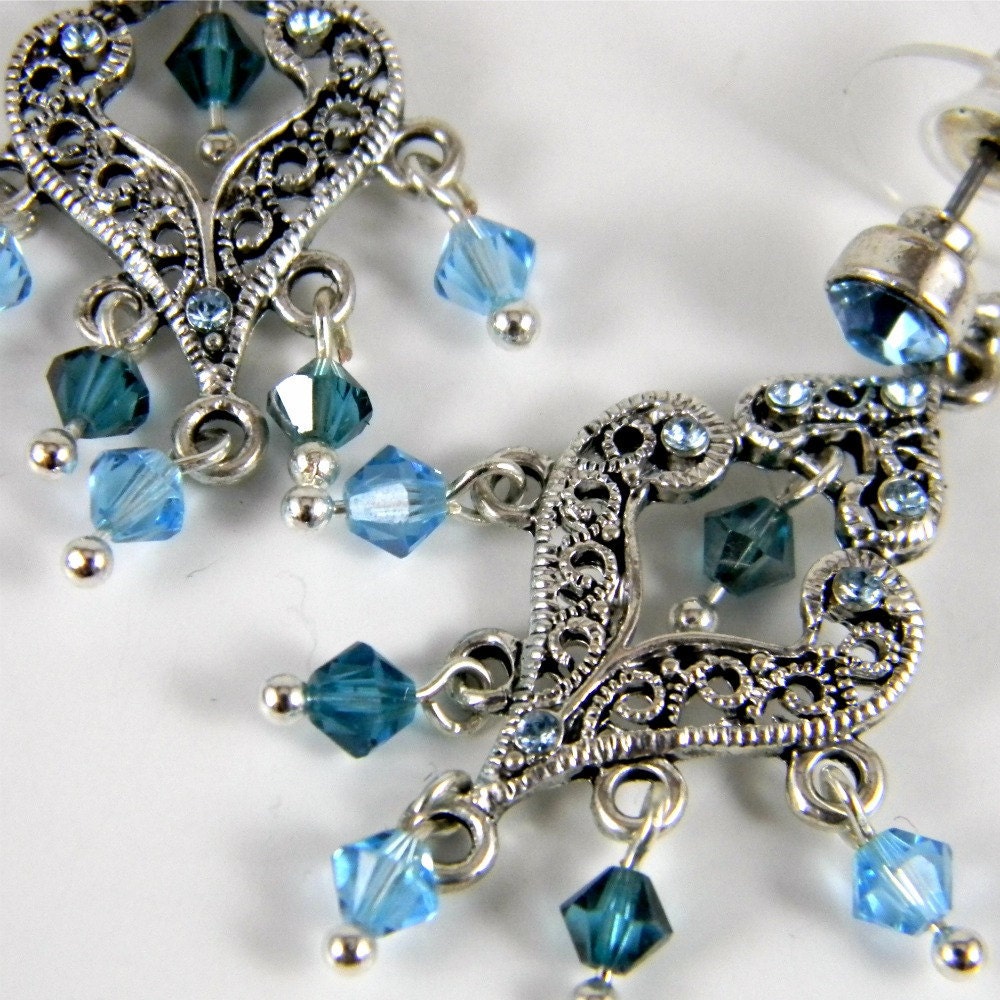 Blue Chandelier Earrings  Aquamarine & Denim Swarovski Crystal Silver Pewter Filigree  Stud Post Earring  Beaded Jewelry  Wedding Prom
