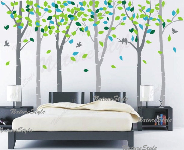 wall decal tree wall decal nursery wall decal baby wall decal children wall decal bedroom vinyl decal-6 Birch Tree with Colorful leaves