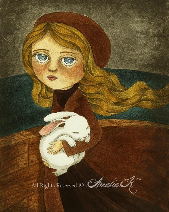 Girl and Rabbit Illustration, Print of Original Watercolor Painting - The Expedition by Amalia K - 8x10 inches